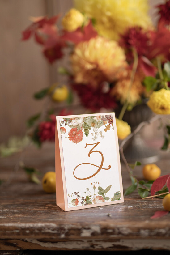 Numery na stół botaniczne podróżnicze  numerek na stół weselny, kwiaty boho piekne kolory 1/jesien/nrS
