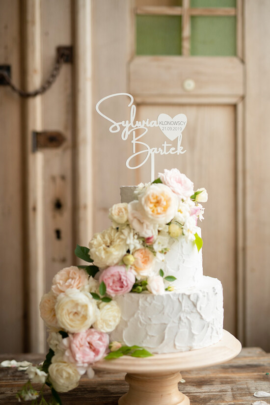 Figurki na tort / cake topper statuetki akryl personalizowany topper na tort weselny białe napisy  06/topperpelxi/ST