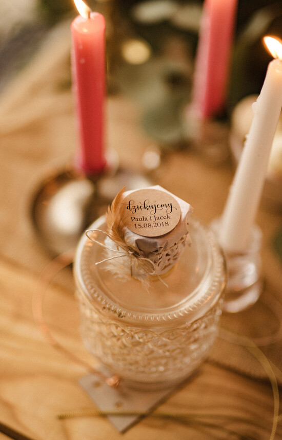 Słodkości / miodki - czekoladki Miody i słoiczki Nutella prezenty ślubne dla gości weselnych, miodki na ślub 01/BohoP/MD