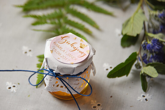 Słodkości / miodki - czekoladki Miody i słoiczki Nutella ślubne upominki dla gości weselnych, mini słoiczek miodek 01/mGlgA/MD