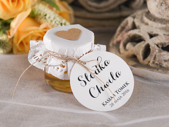 Słodkości / miodki - czekoladki Miody i słoiczki Nutella upominki ślubne od pary młodej dla gości weselnych, male sloiczki z miodem 06/mkl/MD