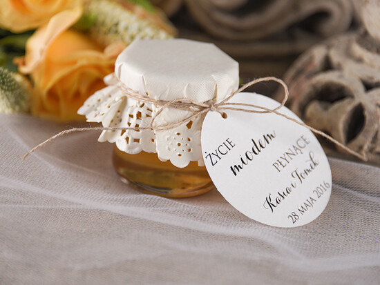 Słodkości / miodki - czekoladki Miody i słoiczki Nutella podarunki ślubne dla gości weselnych, miód pszczeli w słoiczku 07/mkl/MD