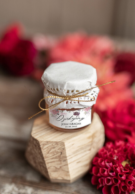 Słodkości / miodki - czekoladki Miody i słoiczki Nutella podziękowania dla gości prezenty ślubne dla gości weselnych  male sloiczki z miodem     01/pcklam/MD