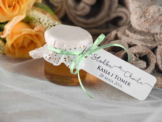 Słodkości / miodki - czekoladki Miody i słoiczki Nutella podziękowanie dla gości weselnych, personalizowany miodek 09/mkl/MD