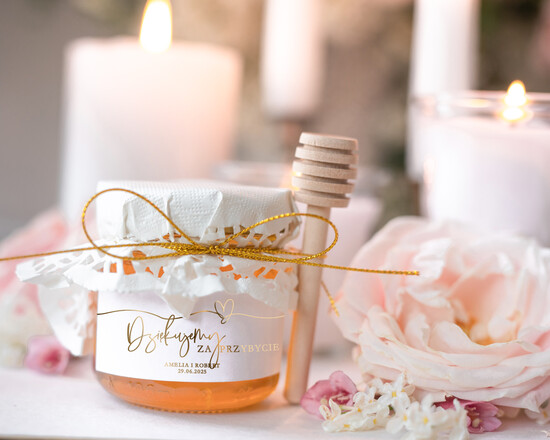 Słodkości / miodki - czekoladki Miody i słoiczki Nutella podziękowania dla gości weselnych za przybycie, maly miod z drewnianą łyżeczką , pomysł na prezent d 16/goldWSgr/MD