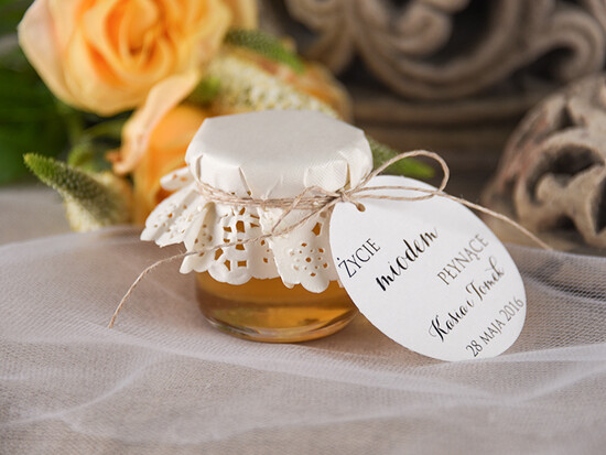 Słodkości / miodki - czekoladki Miody i słoiczki Nutella podziękowania podarunki dla gości weselnych, mały miodek 12/mkl/MD