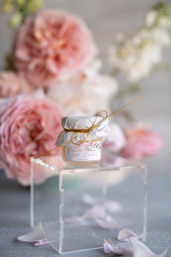 Słodkości / miodki - czekoladki Miody i słoiczki Nutella upominki ślubne od pary młodej dla gości weselnych, mini słoiczek miodek 3/kalkaF/MD