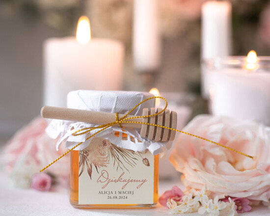 Słodkości / miodki - czekoladki Miody i słoiczki Nutella ślubne upominki dla gości, miodki w słoiczku z drewnianą łyżeczką, pomysł na prezenty dla gości wese 06/słDł/MD