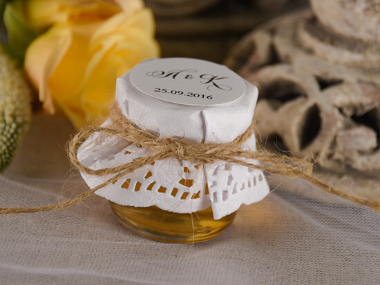 Słodkości / miodki - czekoladki Miody i słoiczki Nutella podziękowania dla gości weselnych za przybycie, miody w sloiczku 26/mkl/MD