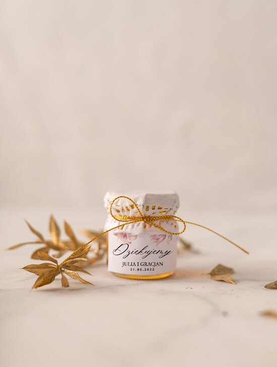 Słodkości / miodki - czekoladki Miody i słoiczki Nutella personalizowane podziękowania dla gości weselnych, miód pszczeli w słoiczku 02/goldw/MD