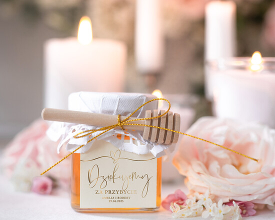 Słodkości / miodki - czekoladki Miody i słoiczki Nutella piękne podziękowania, słoiczek na miód z łyżeczką, prezenciki dla gości weselnych, upominki dla gośc 13/goldWSgr/MD