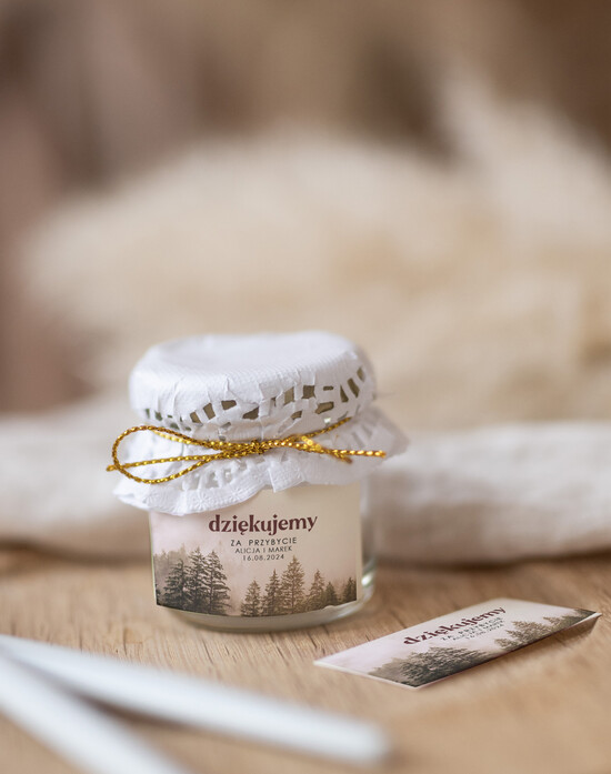 Słodkości / miodki - czekoladki Miody i słoiczki Nutella oryginalne prezenty dla gości weselnych, personalizowany słoiczek z miodem 03/las/MDp