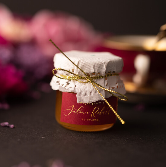 Słodkości / miodki - czekoladki Miody i słoiczki Nutella upominki ślubne od pary młodej dla gości weselnych, miód w słoiczku 02/pudgold/MD