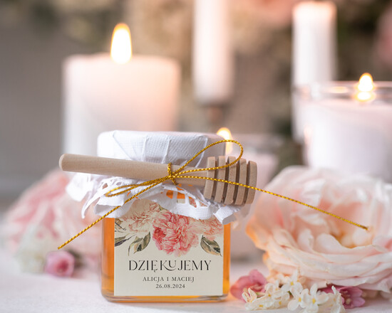 Słodkości / miodki - czekoladki Miody i słoiczki Nutella prezenty ślubne dla gości weselnych, miodziki w słoiczku z łyżeczką, pomysł na prezent dla gości   04/słDł/MDD