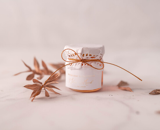 Słodkości / miodki - czekoladki Miody i słoiczki Nutella podziękowania dla gości prezent dla gości weselnych  miodki na ślub  02/foldg/MD