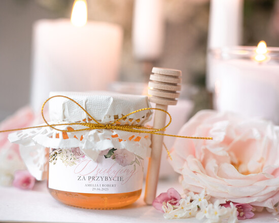 Słodkości / miodki - czekoladki Miody i słoiczki Nutella prezenty dla gości na weselu, słoiczki do miodu z drewnianą łyżeczką  14/CBP/MD