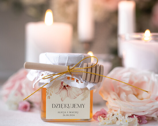 Słodkości / miodki - czekoladki Miody i słoiczki Nutella upominki podziękowania za przybycie po ślubie, mini słoiczek na miodek 100 ml, podziękowania dla goś 05/słDł/MDD