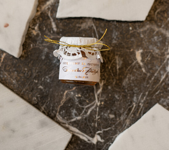 Słodkości / miodki - czekoladki Miody i słoiczki Nutella oryginalne podziękowania dla gości weselnych  mini słoiczek miodek     01/goldmarmur/MD