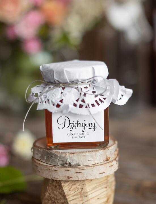 Słodkości / miodki - czekoladki Miody i słoiczki Nutella podziękowania prezenciki dla gości weselnych miodek w ozdobnym słoiczku  01/słM/MD