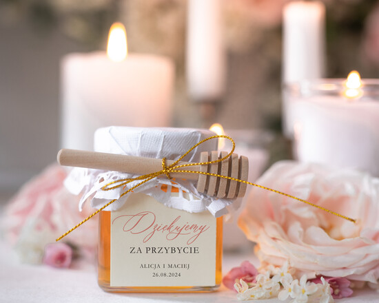 Słodkości / miodki - czekoladki Miody i słoiczki Nutella prezenciki podziękowania dla gości weselnych, mały słoiczek miodu 100 ml z drewniana łyżeczką, preze 01/słDł/MDD