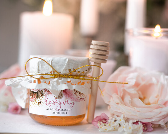 Słodkości / miodki - czekoladki Miody i słoiczki Nutella unikatowe podziękowania dla gości, sloiczki do miodu z łyżeczką, małe słoiczki na miód, pomysł na pr 21/pleksaB/MD