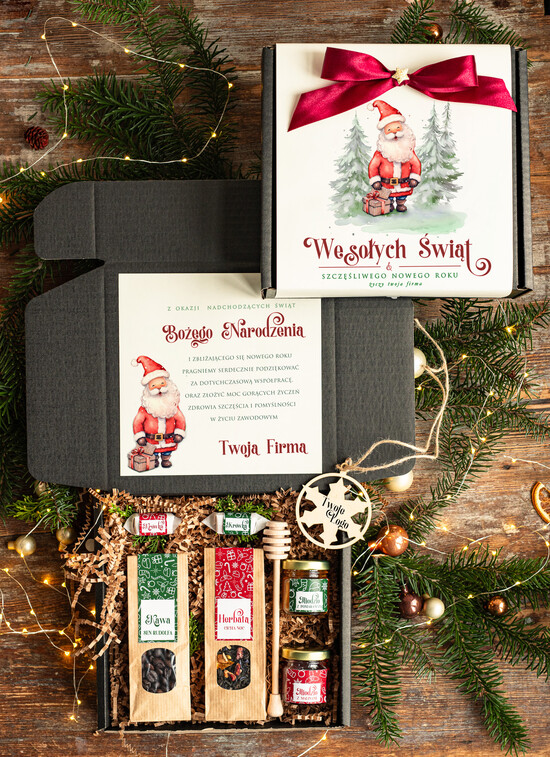 Prezenty oferta dla Firm kawa  herbata miód Biznesowe prezenty, prezent dla firm z kawą i herbatą, paczki na święta dla pracowników i kontrahent 05/PudCzarWs/swieta