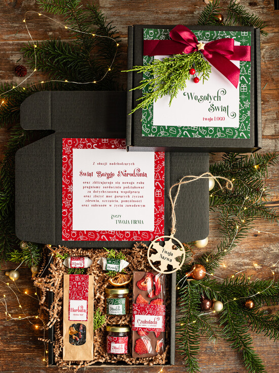 Prezenty oferta dla Firm kawa  herbata miód Prezenty świąteczne dla klientów biznesowych, elegancki prezent z miodem od firm z logo, prezent świ 06/PudCzar/swieta