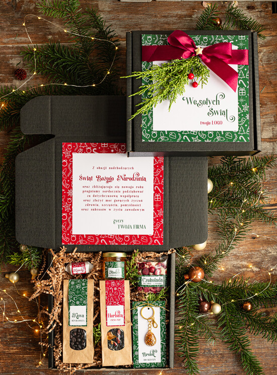 Prezenty oferta dla Firm kawa  herbata miód Prezenty świąteczne dla klientów biznesowych, elegancki prezent z miodem od firm z logo, prezent świ 10/PudCzar/swieta
