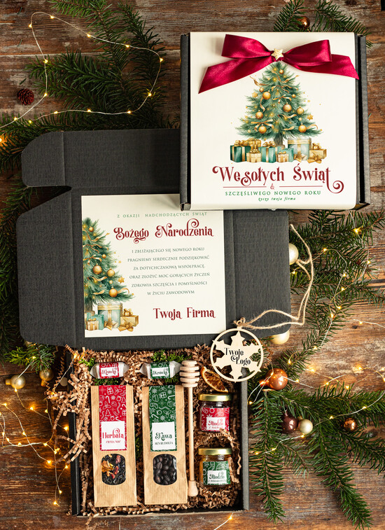 Prezenty oferta dla Firm kawa  herbata miód Prezenty na Boże Narodzenie dla pracowników, prezenty biznesowe dla firm z kawą i herbatą, upominki  02ch/PudCzarWs/swieta