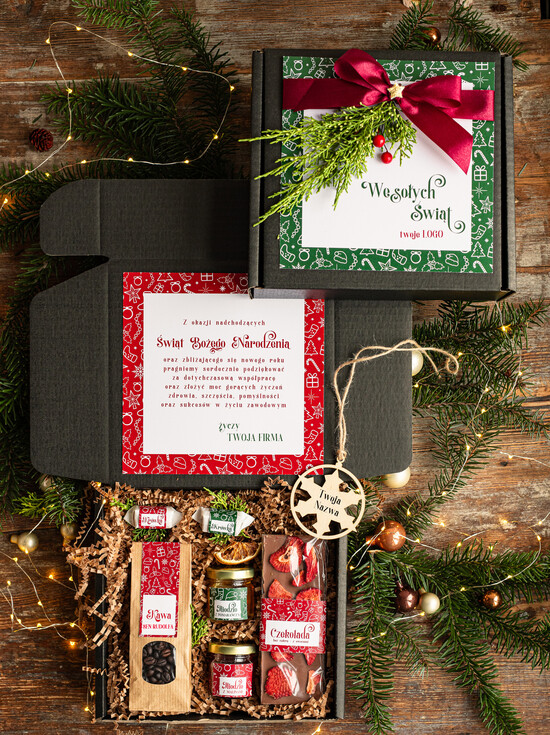 Prezenty oferta dla Firm kawa  herbata miód Prezenty świąteczne dla klientów biznesowych, elegancki prezent z miodem od firm z logo, prezent świ 05/PudCzar/swieta