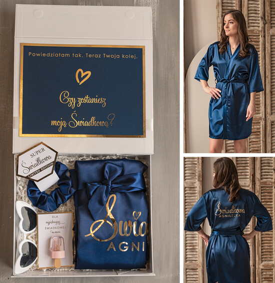 Prezenty dla świadków boxy prezentowy dla Świadkowej, prośba o świadkowanie  prezent dla druhny, pomysł na prezent dla świadkowej, Box prezentowy dla świadkowej z granatowym szl 09/boxNowSz/swiadkowa