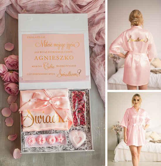 Prezenty dla świadków boxy prezentowy dla Świadkowej, prośba o świadkowanie  Szlafrok Dla Świadkowej Ze Złotym Napisem - Prośba o Świadkowanie Box Prezentowy, prezent dla świadk 01/boxNowSzI/świadkowa