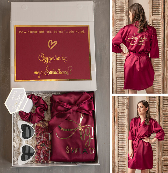 Prezenty dla świadków boxy prezentowy dla Świadkowej, prośba o świadkowanie  prezent dla druhny, pomysł na prezent dla świadkowej, Box prezentowy dla świadkowej z bordowym szlaf 22/boxNowSz/swiadkowa