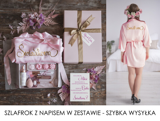 Prezenty dla świadków boxy prezentowy dla Świadkowej, prośba o świadkowanie  Szlafrok dla Świadkowej ze złotym Napisem - Prośba o Świadkowanie Box prezentowy  04/uniSZl/swiadkowa