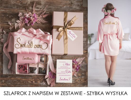 Prezenty dla świadków boxy prezentowy dla Świadkowej, prośba o świadkowanie  Szlafrok dla Świadkowej ze złotym Napisem - Prośba o Świadkowanie TermoKubek Termos Kanka 11/uniSZl/swiadkowa