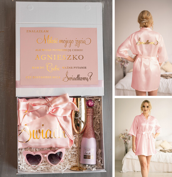 Prezenty dla świadków boxy prezentowy dla Świadkowej, prośba o świadkowanie  czy zostaniesz moją świadkową, prezent dla świadkowej zestaw ze szlafrokiem, złoty kieliszek i broka 23/boxNowSzI/swiadkowa