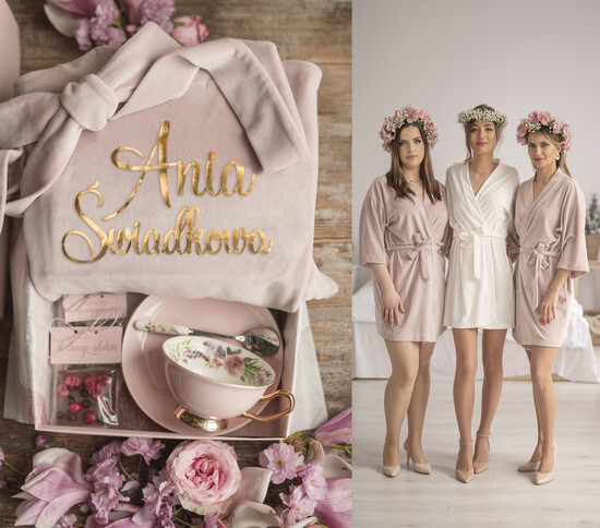 Prezenty dla świadków boxy prezentowy dla Świadkowej, prośba o świadkowanie  Welurowy Szlafrok dla Świadkowej Prośba o świadkowanie zestaw Różowa Boho filiżanka z łyżeczką 02/SzlVelKos/boxvel