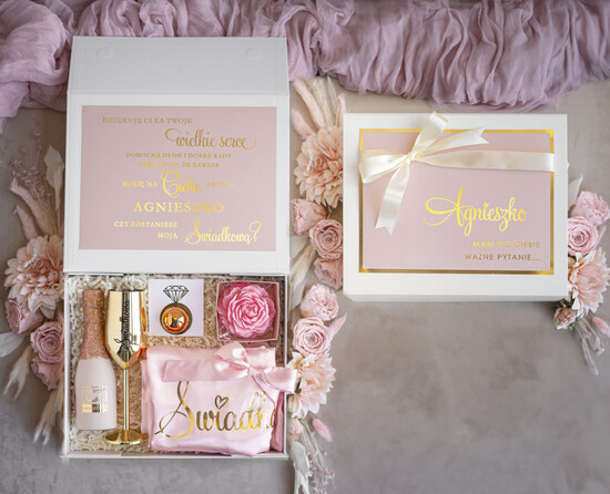 Prezenty dla świadków boxy prezentowy dla Świadkowej, prośba o świadkowanie  oryginalny prezent dla świadkowej, box dla świadkowej z szlafrokiem, oryginalny prezent dla świadkow 30/boxNowSZI/swiadkowa