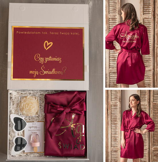 Prezenty dla świadków boxy prezentowy dla Świadkowej, prośba o świadkowanie  prezent dla świadkowej szlafrok z napisem świadkowa, pomysł na prezent dla świadkowej, Box prezentow 20/boxNowSz/swiadkowa