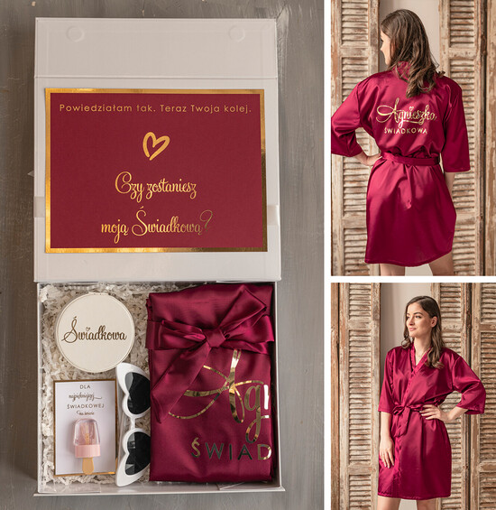 Prezenty dla świadków boxy prezentowy dla Świadkowej, prośba o świadkowanie  prezent dla druhny, pomysł na prezent dla świadkowej szlafrok z napisami, Box prezentowy dla świadko 21/boxNowSz/swiadkowa