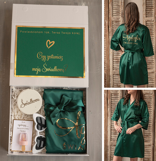 Prezenty dla świadków boxy prezentowy dla Świadkowej, prośba o świadkowanie  prezent dla świadkowej, pomysł na prezent dla świadkowej, Box prezentowy dla świadkowej z zielonym s 17/boxNowSz/swiadkowa