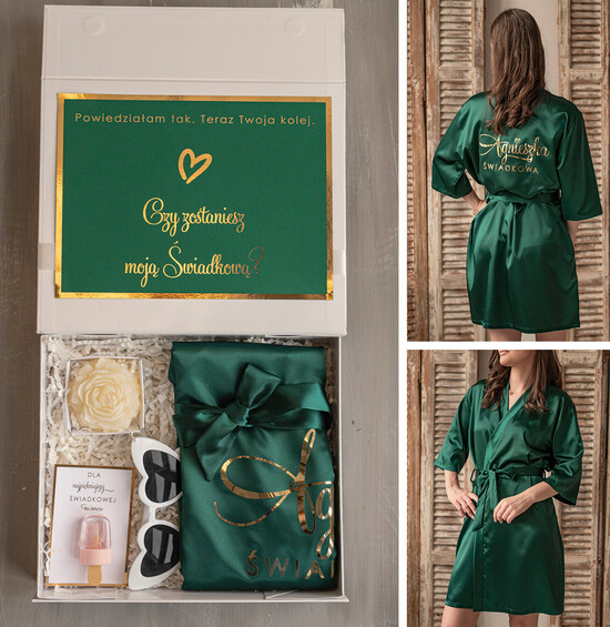 Prezenty dla świadków boxy prezentowy dla Świadkowej, prośba o świadkowanie  prezent dla świadkowej, pomysł na prezent dla świadkowej, Box prezentowy dla świadkowej z zielonym s 16/boxNowSz/swiadkowa