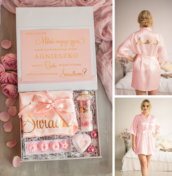 Prezenty dla świadków boxy prezentowy dla Świadkowej, prośba o świadkowanie  prośba o świadkowanie, box dla świadkowej ze szlafrokiem, białe pudełko z kosmetykami dla świadkowej 02/boxNowSzI/swiadkowa