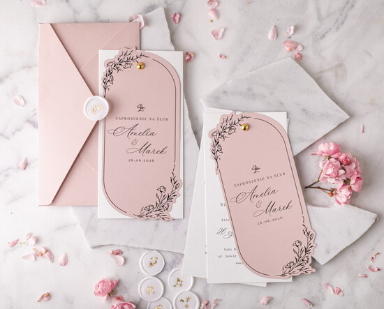 Zaproszenia ślubne Proste i Nowoczesne  owalne zaproszenia ślubne, minimalistyczne zaproszenia na ślub i wesele, monochromatyczne podłużne z 02/wycDL/z26