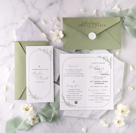 Zaproszenia ślubne Proste i Nowoczesne  szałwiowe zaproszenia ślubne, minimalistyczne zaproszenia na ślub i wesele, podłużne zaproszeń ślubn 08/prDL/z26