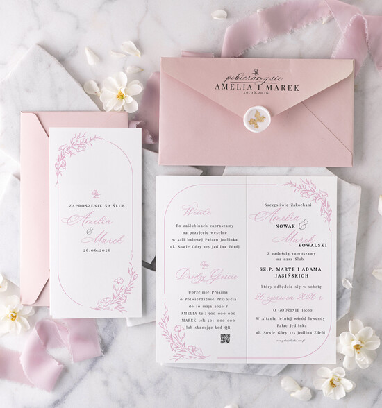 Zaproszenia ślubne Proste i Nowoczesne  różowe zaproszenia ślubne, blady róż zaproszenia na ślub i wesele,  podłużne zaproszenia  10/prDL/z26