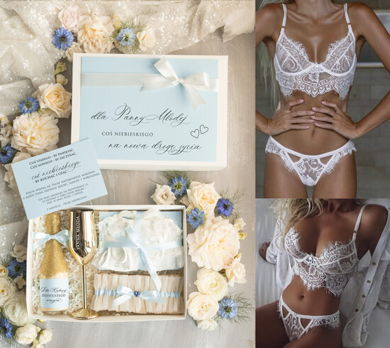 Prezenty dla Panny Młodej  zestawy z koszulką na noc poślubną Prezent na wieczór Panieński - komplet na noc poslubną box prezentowy z podwiązką coś niebieskiego  04/KNZnb/pPM