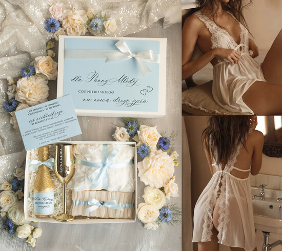 Prezenty dla Panny Młodej  zestawy z koszulką na noc poślubną Prezent na wieczór Panieński - komplet na noc poslubną box prezentowy z podwiązką coś niebieskiego  06/KNZnb/pPM