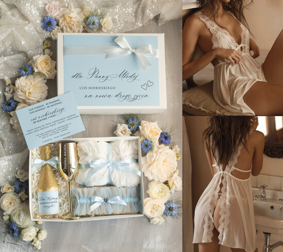 Prezenty dla Panny Młodej  zestawy z koszulką na noc poślubną Prezent na wieczór Panieński - komplet na noc poslubną box prezentowy z podwiązką coś niebieskiego  03/KNZnb/pPM