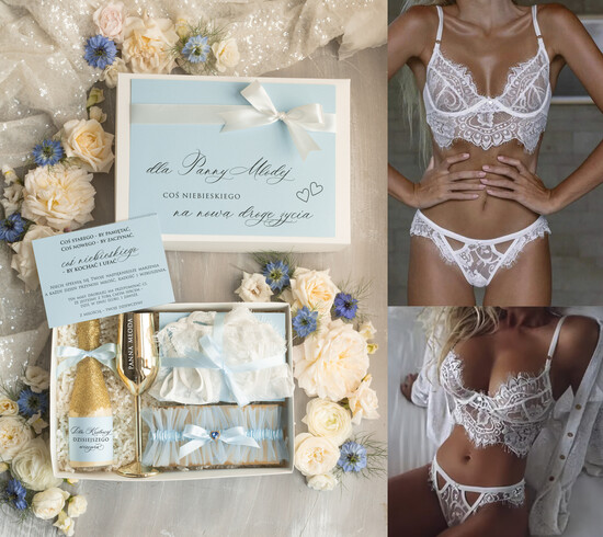 Prezenty dla Panny Młodej  zestawy z koszulką na noc poślubną Prezent na wieczór Panieński - komplet na noc poslubną box prezentowy z podwiązką coś niebieskiego  01/KNZnb/pPM